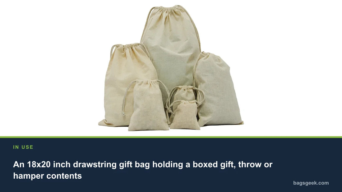 An 18x20 inch drawstring gift bag holding a boxed gift, throw or hamper contents