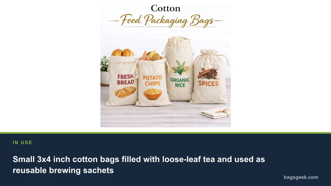 Small 3x4 inch cotton bags filled with loose-leaf tea and used as reusable brewing sachets
