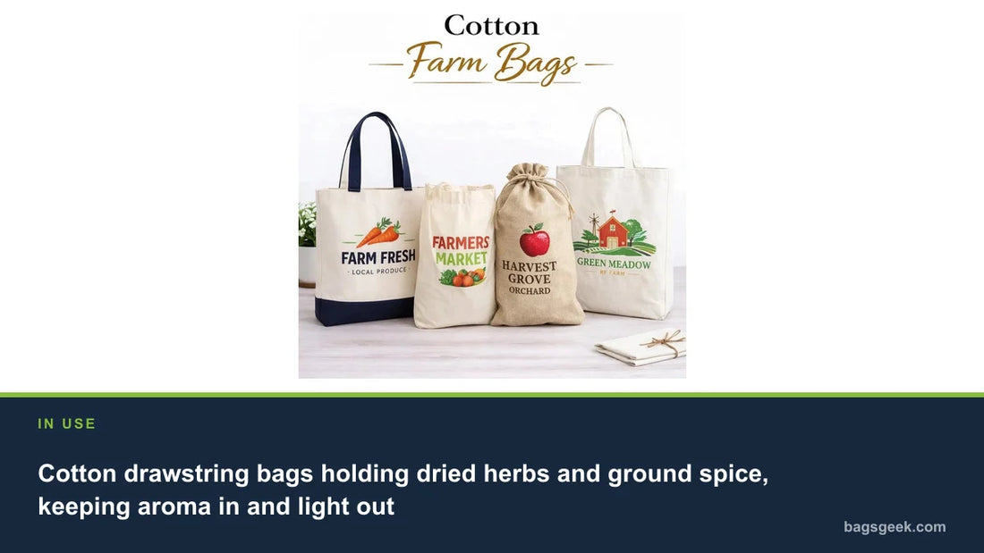 Cotton drawstring bags holding dried herbs and ground spice, keeping aroma in and light out