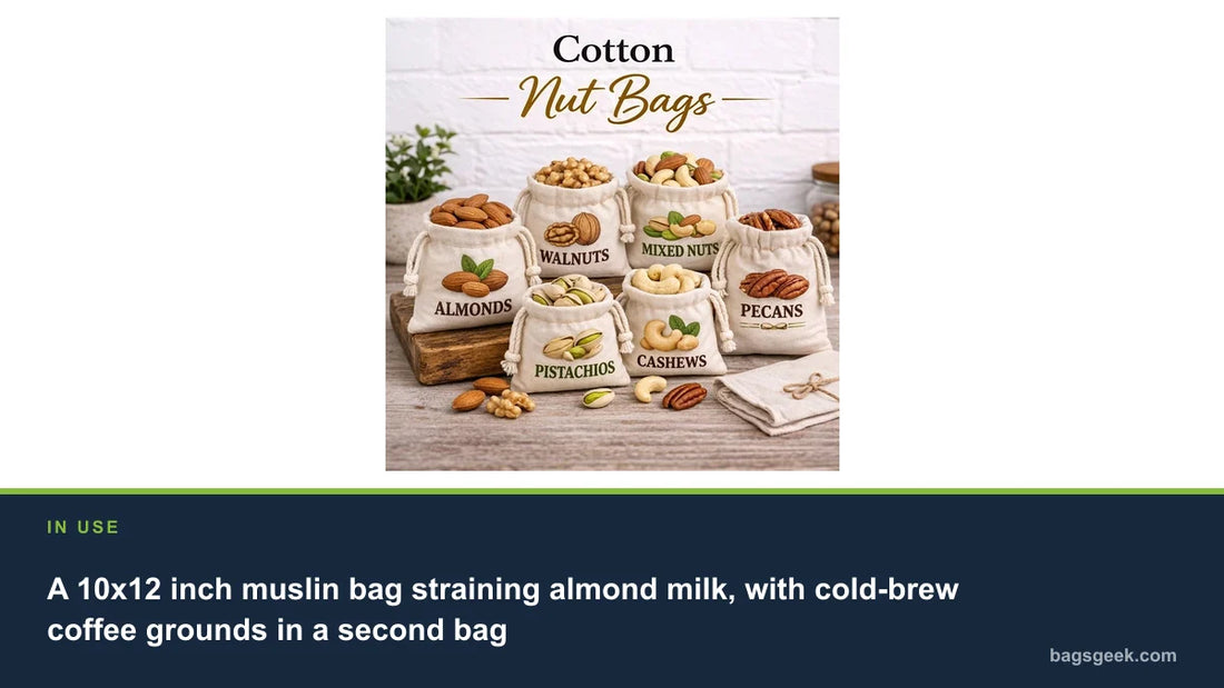 A 10x12 inch muslin bag straining almond milk, with cold-brew coffee grounds in a second bag