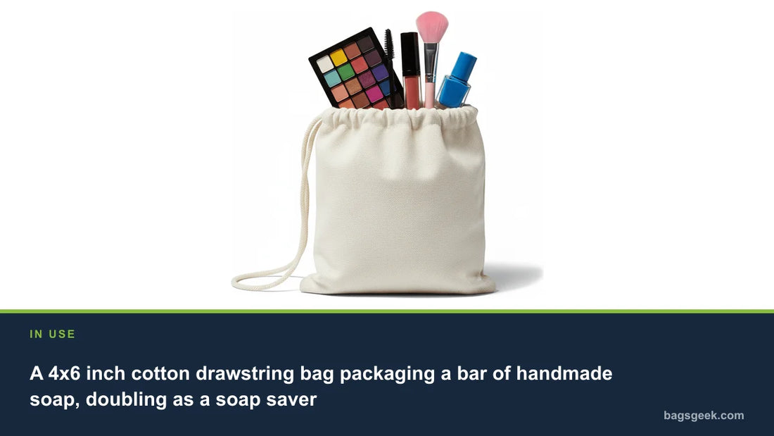 A 4x6 inch cotton drawstring bag packaging a bar of handmade soap, doubling as a soap saver