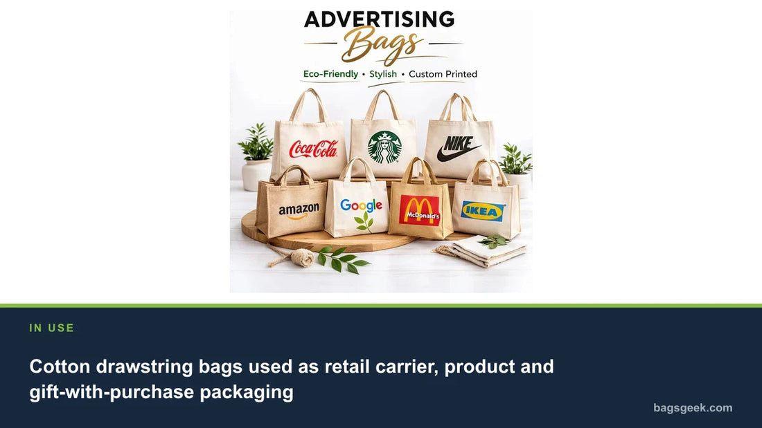 Cotton drawstring bags used as retail carrier, product and gift-with-purchase packaging