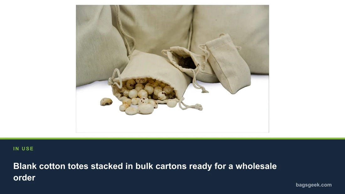 Blank cotton totes stacked in bulk cartons ready for a wholesale order