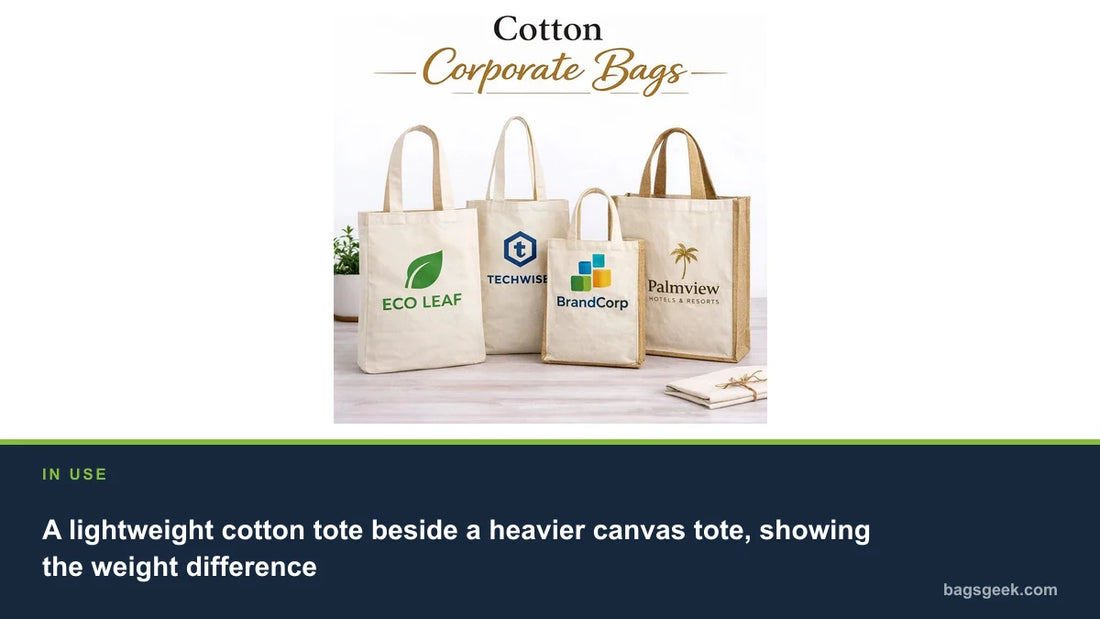 A lightweight cotton tote beside a heavier canvas tote, showing the weight difference