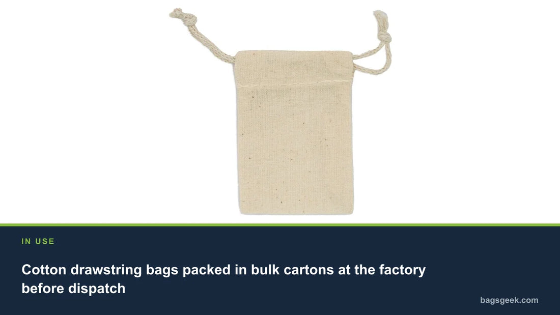 Cotton drawstring bags packed in bulk cartons at the factory before dispatch