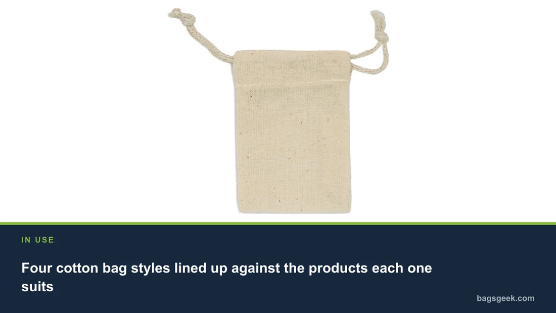 Four cotton bag styles lined up against the products each one suits