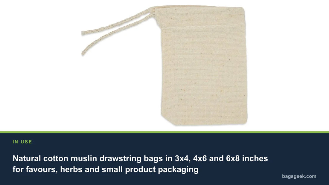 Natural cotton muslin drawstring bags in 3x4, 4x6 and 6x8 inches for favours, herbs and small product packaging