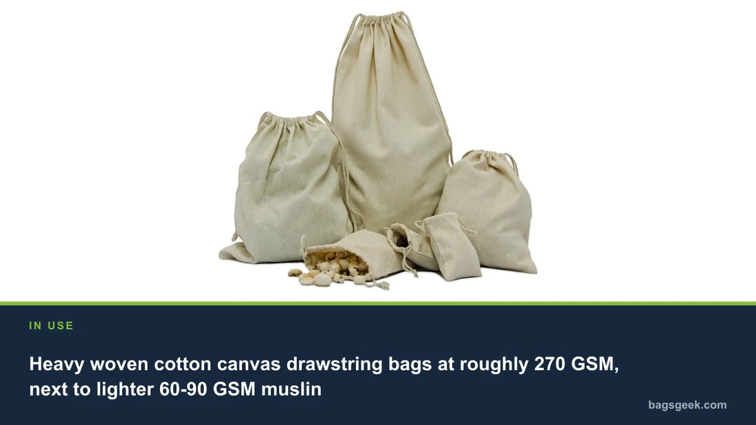 Heavy woven cotton canvas drawstring bags at roughly 270 GSM, next to lighter 60-90 GSM muslin