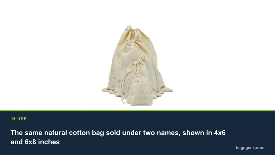 The same natural cotton bag sold under two names, shown in 4x6 and 6x8 inches