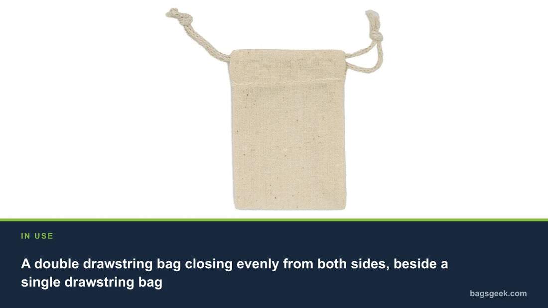 A double drawstring bag closing evenly from both sides, beside a single drawstring bag