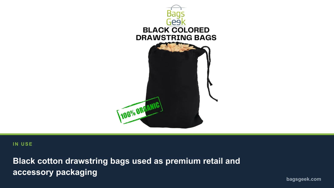 Black cotton drawstring bags used as premium retail and accessory packaging