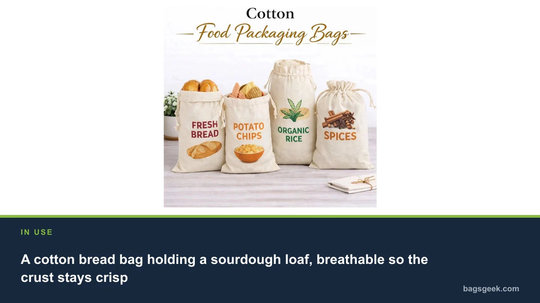A cotton bread bag holding a sourdough loaf, breathable so the crust stays crisp