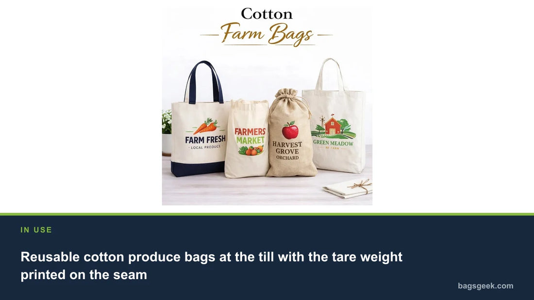 Reusable cotton produce bags at the till with the tare weight printed on the seam