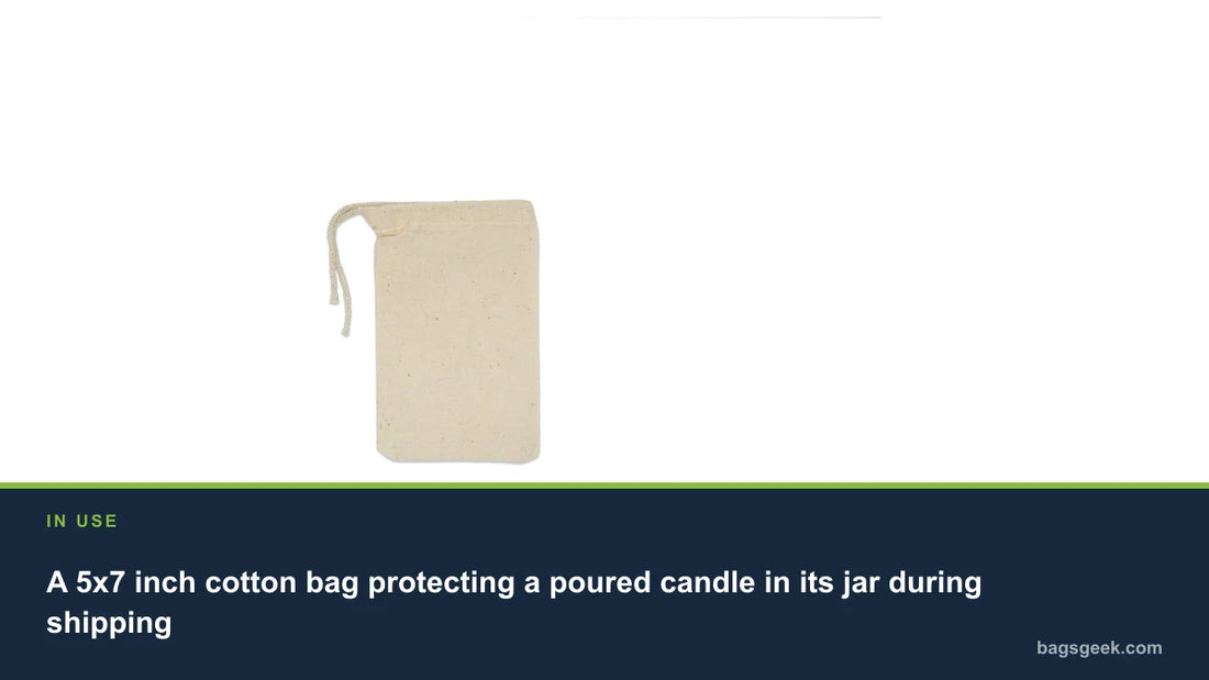 A 5x7 inch cotton bag protecting a poured candle in its jar during shipping