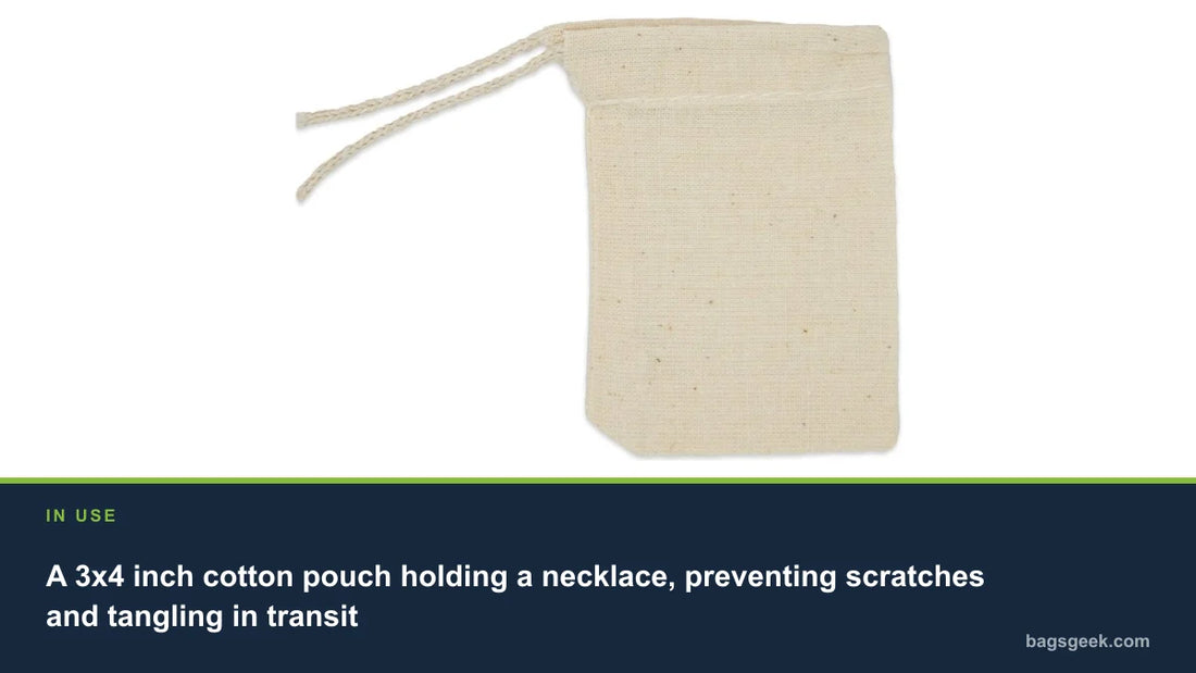 A 3x4 inch cotton pouch holding a necklace, preventing scratches and tangling in transit