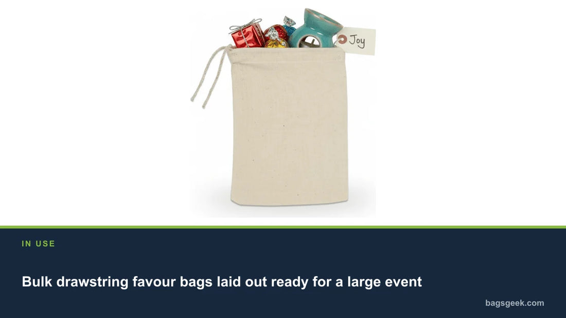 Bulk drawstring favour bags laid out ready for a large event