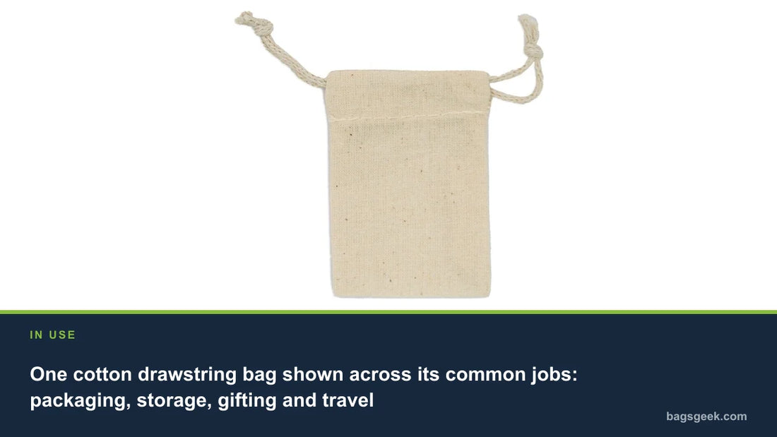 One cotton drawstring bag shown across its common jobs: packaging, storage, gifting and travel