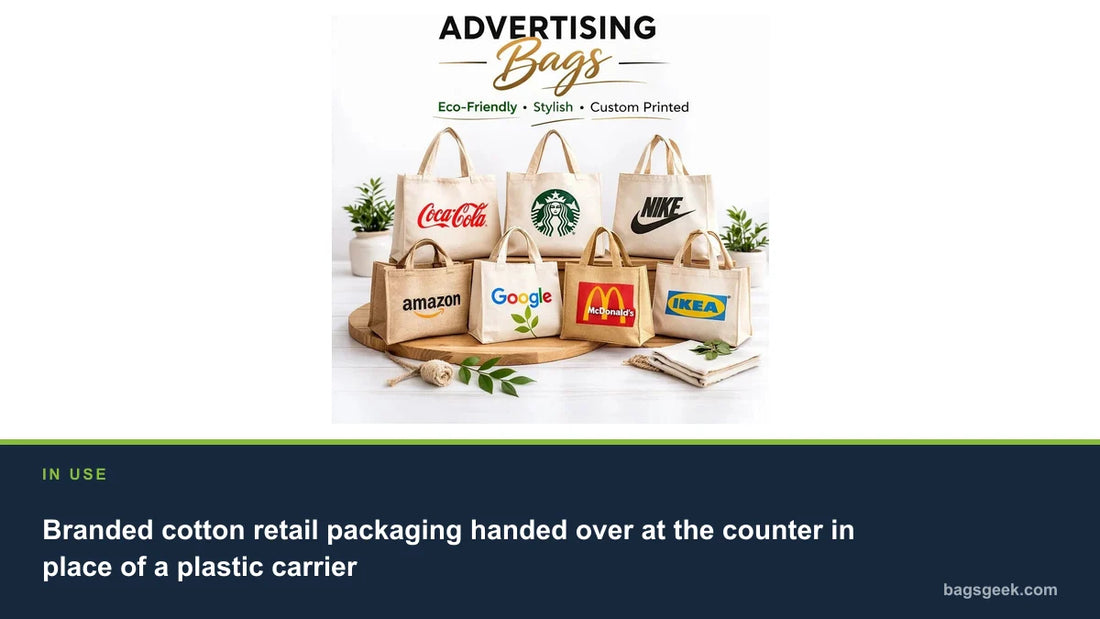 Branded cotton retail packaging handed over at the counter in place of a plastic carrier
