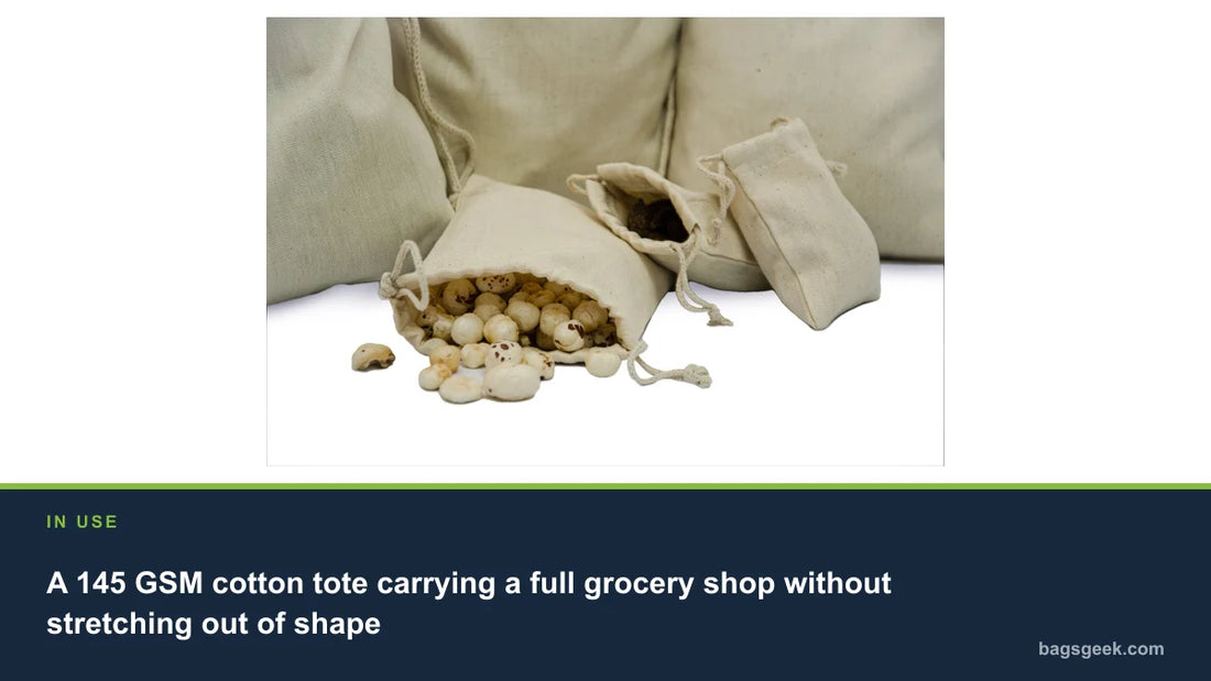 A 145 GSM cotton tote carrying a full grocery shop without stretching out of shape