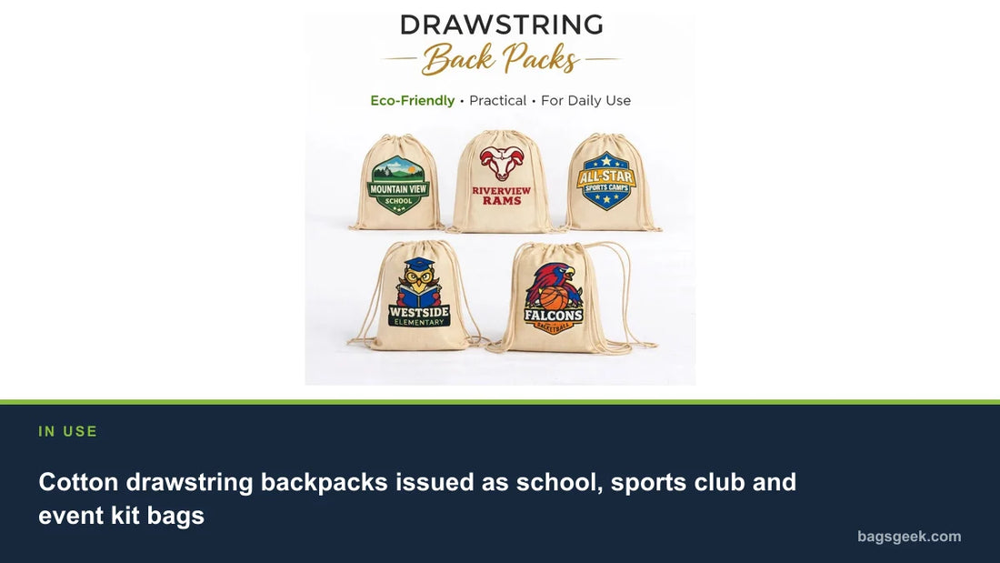 Cotton drawstring backpacks issued as school, sports club and event kit bags