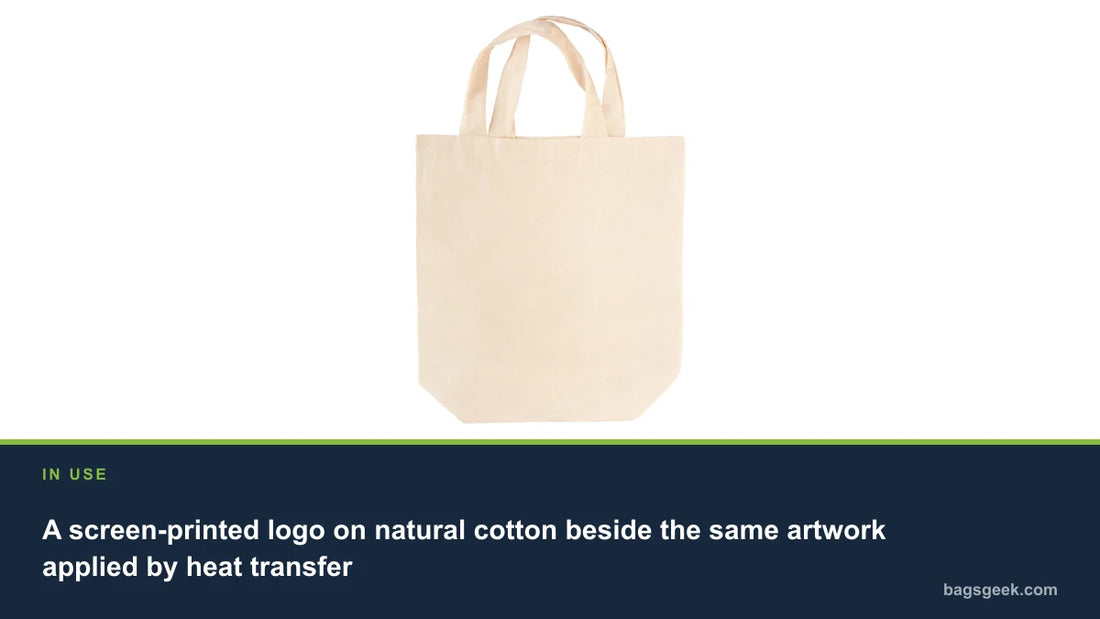 A screen-printed logo on natural cotton beside the same artwork applied by heat transfer