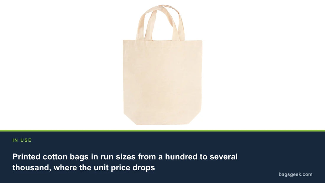 Printed cotton bags in run sizes from a hundred to several thousand, where the unit price drops