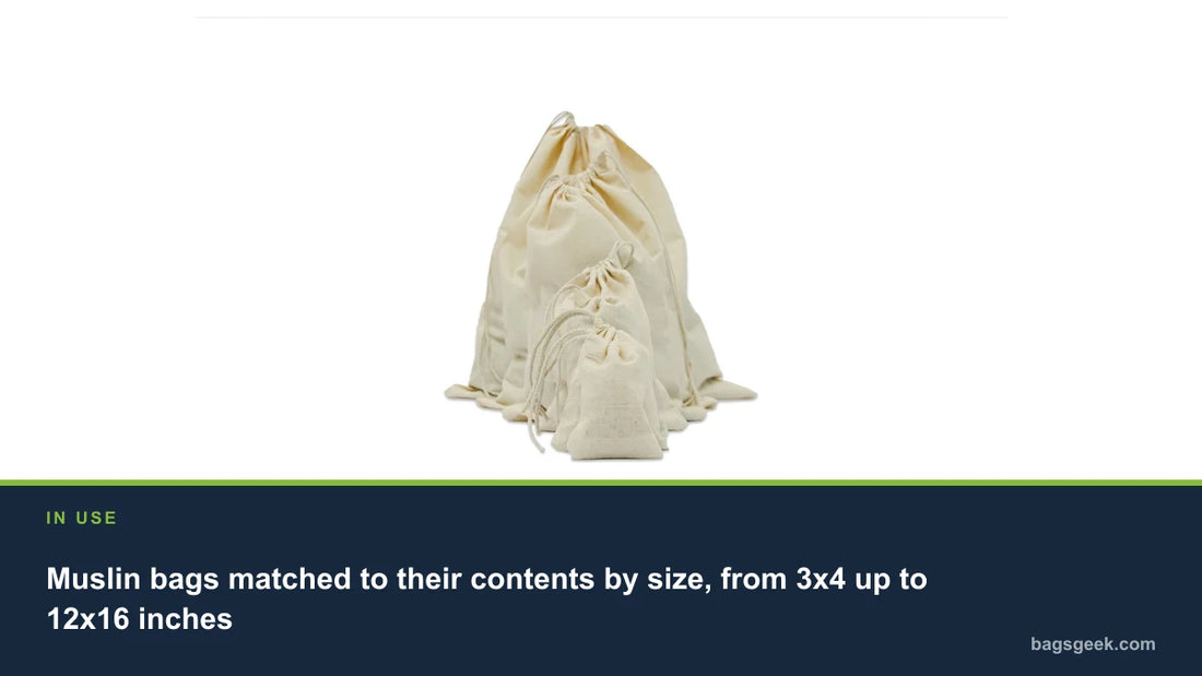 Muslin bags matched to their contents by size, from 3x4 up to 12x16 inches