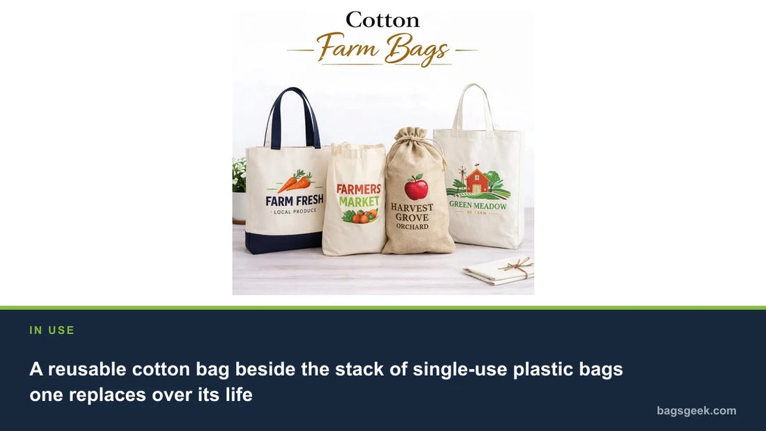 A reusable cotton bag beside the stack of single-use plastic bags one replaces over its life